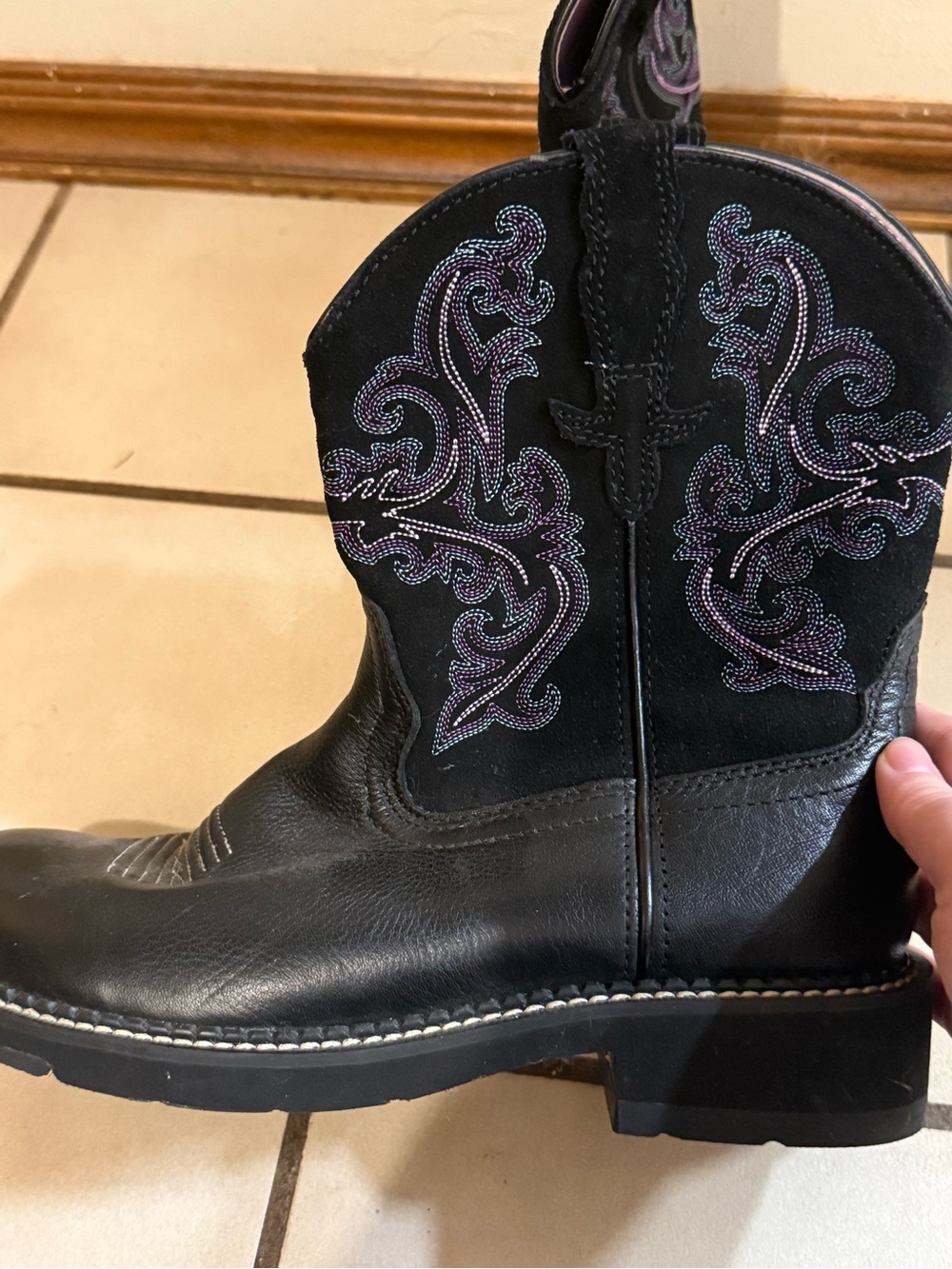 Ariat Black Leather Western Work Boot with Purple Stitching
